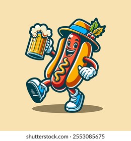 Mascota Hotdog Beber Cerveza Arte vectorial de dibujos animados, ilustración y gráfico