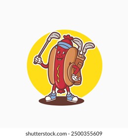 Maskottchen-Hotdog mit Golf-Outfit gut für Markendesign, Lebensmittel-Maskottchen, Maskottchen-Logo, etc