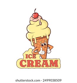 Mascot ice cream logo. A cartoon groovy character showing a gesture of approval - a thumbs up. Isolated on a white background. Retro style. Vector illustration.