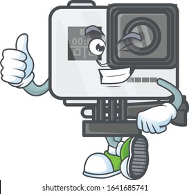 A mascot icon of action camera making Thumbs up gesture