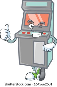 A mascot icon of arcade game machine making Thumbs up gesture