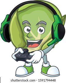 mascot icon of brussels sprouts with headphone and controller