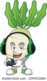 mascot icon of daikon with headphone and controller