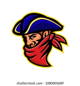 Mascot icon illustration of a 17th century highwayman, robber, outlaw or bandit wearing a bandana t mask his face viewed from side on isolated background in retro style.