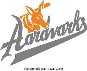 Mascot icon illustration of an aardvark baseball player with bat batting with script text "Aardvarks" viewed from side on isolated background in retro style.