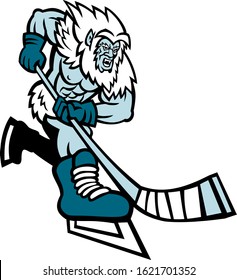 Mascot icon illustration of an aggressive Yeti or Abominable Snowman, a folkloric ape-like creature, with hockey stick playing ice hockey viewed from front on isolated background in retro style.