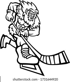 Mascot icon illustration of an aggressive Yeti or Abominable Snowman, a folkloric ape-like creature, with hockey stick playing ice hockey on isolated background in Black and White retro style.