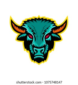 Mascot icon illustration of an American bison or American buffalo viewed from front on isolated background in retro style.