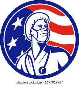 Mascot icon illustration of an American female nurse, healthcare professional or medical doctor, wearing a surgical mask looking up with USA stars and stripes flag set in circle done in retro style.