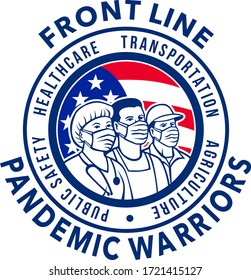 Mascot icon illustration of American front line pandemic warriors like the medical professional, nurse, doctor, healthcare  or essential worker wearing surgical mask with USA flag done in retro style.