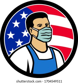 Mascot Icon Illustration Of American Grocery, Food, Supermarket, Front Line Essential Worker Wearing Mask And Apron With USA Stars And Stripes Flag As Hero Set Inside Circle In Retro Style.