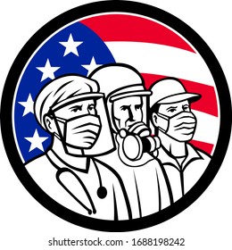 Mascot icon illustration of American medical professional, nurse, doctor, healthcare, soldier or essential worker wearing surgical mask with USA stars and stripes flag set in circle in retro style.