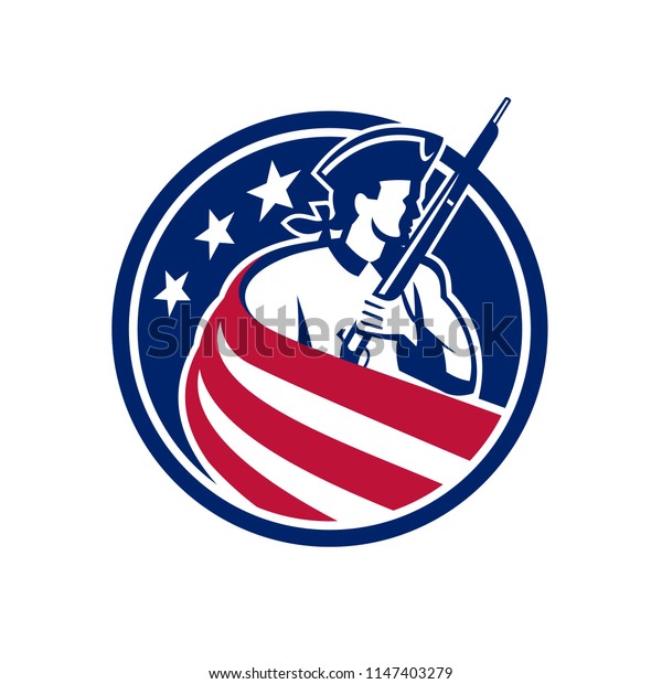 アメリカの愛国者 民兵 革命的な兵士がアメリカの星や縞模様の星の旗が レトロなスタイルで丸く囲まれた丸い旗を着たマスコットのアイコンイラスト のベクター画像素材 ロイヤリティフリー