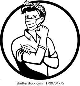 Mascot Icon Illustration Of American Rosie The Riveter As Medical Healthcare Essential Worker Wearing A Surgical Mask Flexing Muscle Set In Circle Done In Black And White Retro Style.