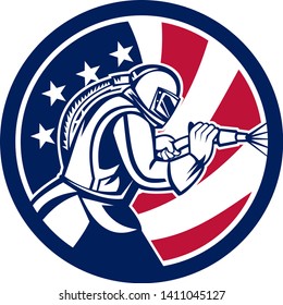 Mascot icon illustration of an American sandblaster or sand blaster abrasive blasting viewed from side set inside circle with USA stars and stripes flag on isolated background in retro style.