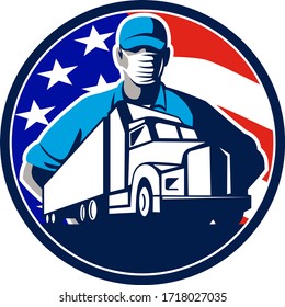 Mascot Icon Illustration Of An American Truck Driver Or Trucker Wearing Surgical Mask With Truck Lorry And USA Stars And Stars Flag Set In Circle On Isolated Background In Retro Style.