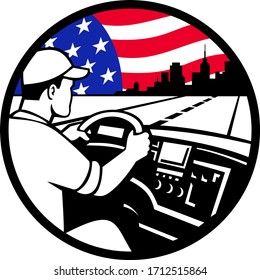 Mascot icon illustration of an American trucker or truck driver driving on highway toward city with semi-truck and USA stars and stars flag set inside circle on isolated background in retro style.