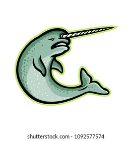 Mascot icon illustration of an angry narwhal  or narwhale, a medium-sized toothed whale that has a large tusk like a unicorn horn, swimming up viewed from side on isolated background in retro style.