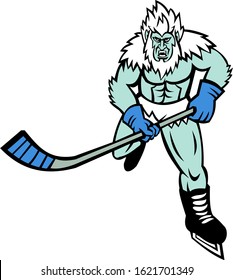 Mascot icon illustration of an angry Yeti or Abominable Snowman, a folkloric ape-like creature, with hockey stick playing ice hockey viewed from front on isolated background in retro style.