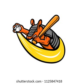 Mascot icon illustration of an armadillo, a New World placental mammal with a leathery armour shell, holding a baseball bat and ball viewed from side on isolated background in retro style.