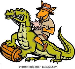 Mascot icon illustration of a Australian outback kangaroo with pig in pouch riding a crocodile or croc holding a beer barrel  viewed from side on isolated background in retro style.