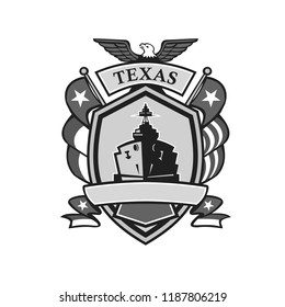 Mascot icon illustration of badge of a grayscale or greyscale Texas battleship with American eagle and Lone Star state flag on side viewed from front in shield on isolated background in retro style.