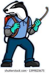 Mascot Icon Illustration Of A Badger Who Is A Pest Control Exterminator Carrying A Pressure Sprayer Or Pesticide Spray Pump Backpack Looking To Side Set Inside Circle On Isolated Background.