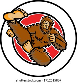 Mascot icon illustration of a Bigfoot or Sasquatch, a hairy ape like creature, doing a taekwondo Martial arts flying kick and kicking set inside circle on isolated background in retro style.