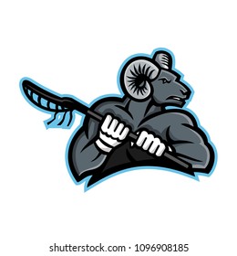 Mascot icon illustration of a bighorn ram, mountain goat or sheep holding a lacrosse stick viewed from side on isolated background in retro style.