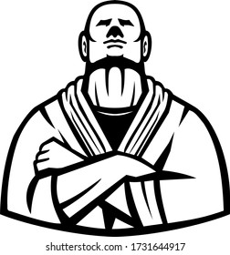 Mascot icon illustration of a Brazilian Jiu Jitsu or Gracie Jujutsu master with arms folded viewed from font  on isolated background in Black and White retro style.