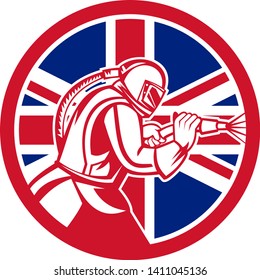 Mascot icon illustration of a British sandblaster or sand blaster abrasive blasting viewed from side set inside circle with Union Jack flag on isolated background in retro style.