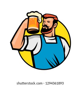 Mascot icon illustration of bust of a bearded hipster toasting a mug of beer or ale set inside circle viewed from front on isolated background in retro style.