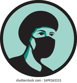 Mascot icon illustration of bust of a female nurse, medical professional, doctor, healthcare worker wearing a black surgical mask and bouffant cap viewed from front set in circle done in retro style.