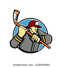 Mascot icon illustration of bust of a fireman or firefighter, a rescuer extensively trained in firefighting, wielding an ice hockey stick viewed from side on isolated background in retro style.
