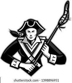 Mascot icon illustration of bust of a girl or female American patriot with lacrosse stick viewed from front on isolated background in retro style done in grayscale.