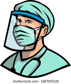 Mascot Icon Illustration Of Bust Of A Medical Professional, Nurse, Doctor, Healthcare Or Essential Worker Wearing A PPE, Protective Personal Equipment Face Mask On Isolated Background In Retro Style.