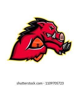 Mascot icon illustration of bust of a red wild boar or razorback, a half-wild pig breed common in the southern US, running with American football ball fend off with stiff-arm side isolated background,