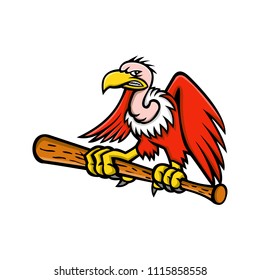 Mascot icon illustration of a Californian or Andean condor, vulture or buzzard, a scavenging bird of prey, clutching perching on a baseball bat viewed from front on isolated background in retro style.