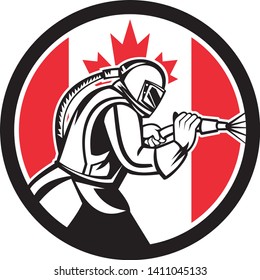 Mascot icon illustration of a Canadian sandblaster or sand blaster abrasive blasting viewed from side set inside circle with Canada flag on isolated background in retro style.