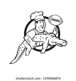 Mascot icon illustration of a chef or cook twirling an American football ball while carrying a gator or alligator set inside circle in black and white on isolated background in retro style.