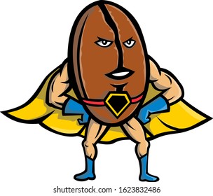 Mascot icon illustration of a Coffee bean superhero wearing a cape with hands and arms akimbo viewed from front  on isolated background in retro style.