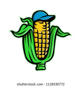 Mascot icon illustration of a corn on cob or maize, a type of cereal grain, wearing a baseball hat viewed from front on isolated background in retro style.