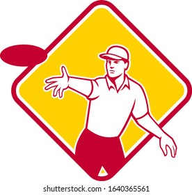 Mascot icon illustration  of an disc golf player throwing a flatball or frisbee set inside diamond shape viewed from front on isolated background in retro style.