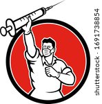 Mascot icon illustration of a doctor, medical professional, nurse, healthcare worker wearing surgical mask lifting vaccine in syringe, a cure for contagious disease set in circle done in retro style.