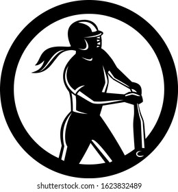 Mascot icon illustration of a female softball player batting with bat set inside circle viewed from side on isolated background in retro style done in black and white.