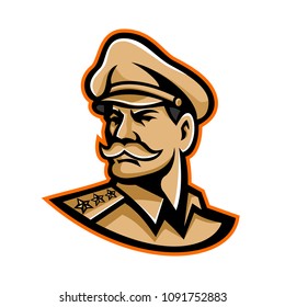 Mascot icon illustration of head of an American three-star general wearing a peaked cap looking forward viewed from side on isolated background in retro style.