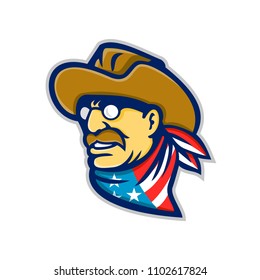 Mascot icon illustration of head of an American statesman, writer and 26th President of the United States, Theodore Roosevelt Jr wearing bandanna with USA flag on isolated background in retro style.