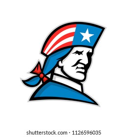 Mascot Icon Illustration Of Head Of An American Patriot, Minuteman Or Revolutionary Soldier With USA Flag Stars And Stripes On His Tricorn Hat Viewed From Side On Isolated Background In Retro Style.