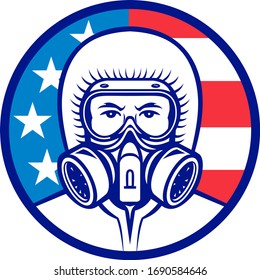 Mascot icon illustration of head of an American industrial worker, medical professional, essential or wearing a respiratory protective equipment, RPE viewed from front with USA flag in background.