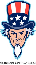 Mascot icon illustration of head of American Uncle Sam, national personification of the U.S. government, viewed from front on isolated background in retro style.